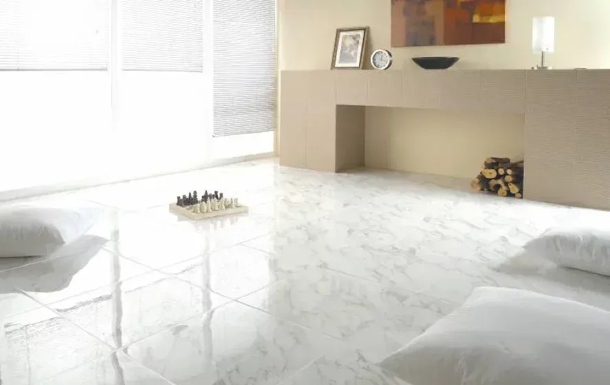 Living area with glossy light coloured tiles